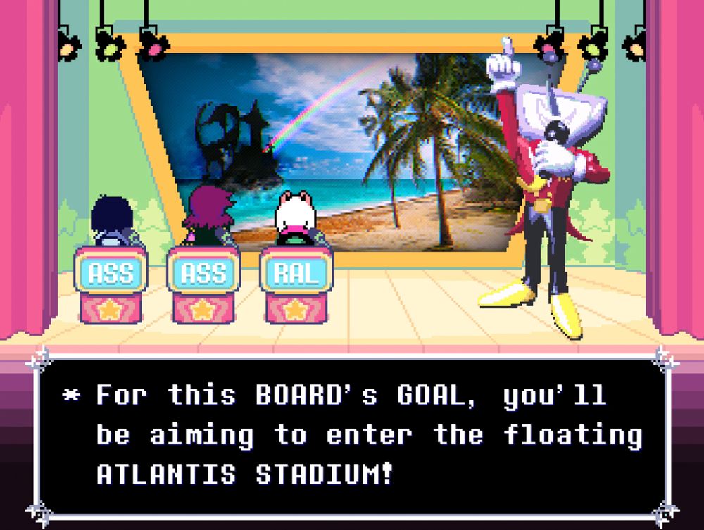Tenna tells the fun gang their goal is to reach "the floating ATLANTIS STADIUM!", which is a strange black castle structure connected to a tropical island by a rainbow bridge.