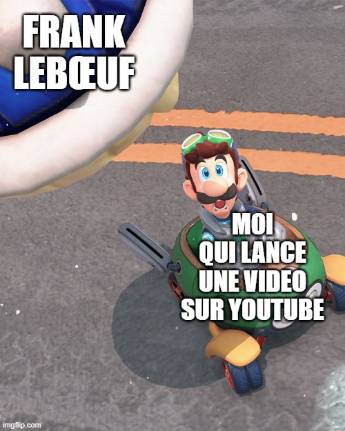 Meme issu de "Mario Kart World" représentant Luigi sur le point d'être frappé par une carapace bleue. Luigi représente "moi qui lance une vidéo sur Youtube". La carapace bleue représente "Frank Lebœuf".