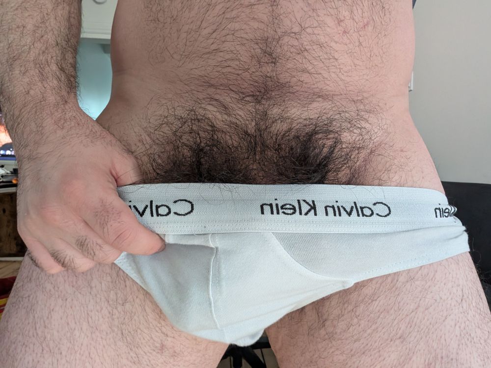 Picture of man in white briefs, framed from upper thigh to stomach. Hair is overflowing from the waistband.
