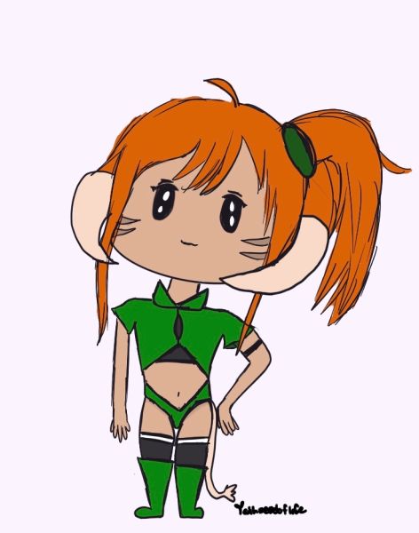 a green outfit wearing au'ra with a smile on her face like :"3