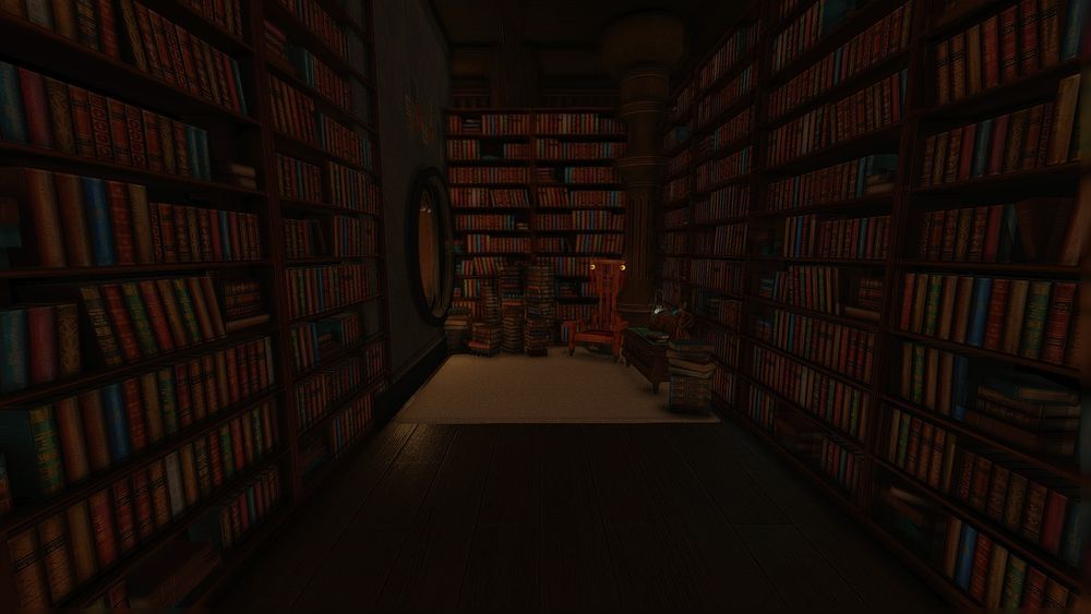 Within the book hallway is a chair with a window light from the small room. 