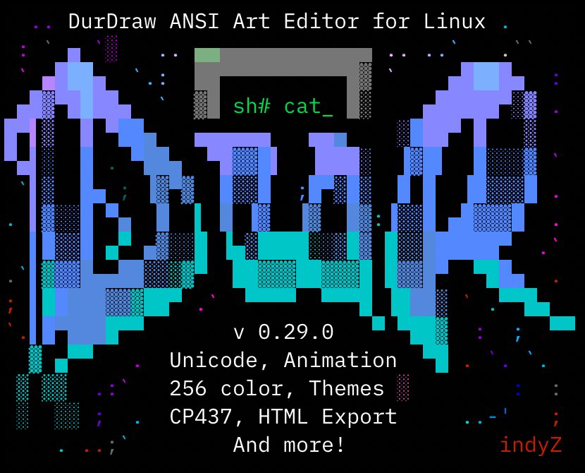 ANSI art of a Dur logo, and the text: DurDraw ANSI art editor for Linux. version 0.29.0 with Unicode, animation, 256 color, themes, and more.