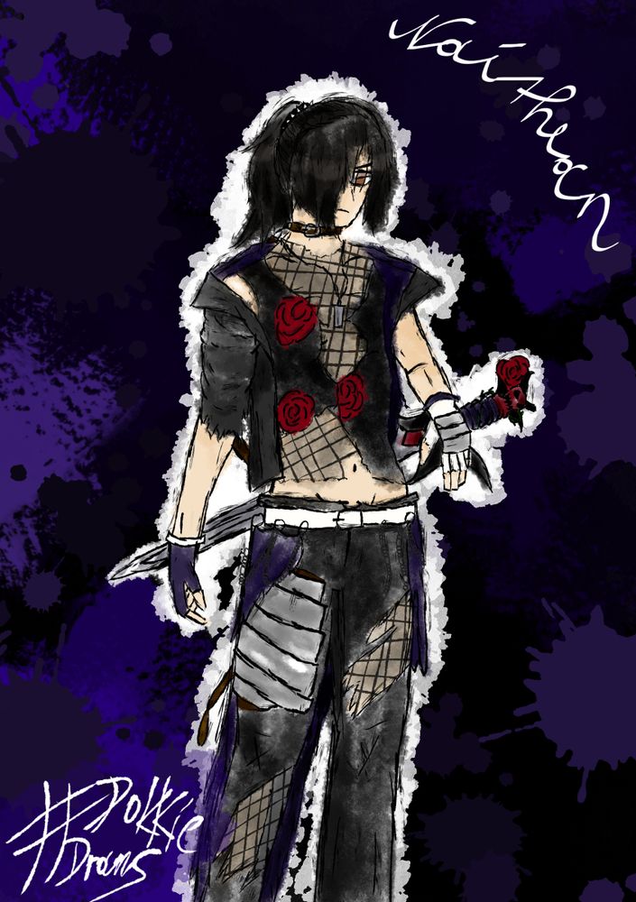 OC by @claws13.bsky.social 

As a raffle prize for my 333 follower special, this is Claws OC Naithean in a exceedingly goth-emo outfit. Naithean with his signiture black hair and scowl is wearing a revealing black top with fishnet and roses and a lose jacket. He's also wearing some ripped black trousers with fishnet covers. On his right thigh is some armour plating. As a choker he's wearing a brown dog collar and a leash. The roses along with the collar are due to Claws influence O.O
Behind his back in a short scabbard is a sword out of purple tinted metal with a black crossguard, purple hilt and a red crystal in the middle. The pommel is a red demon face with a rose growing over it. Up to interpretation, I won't take it away for you ^^
