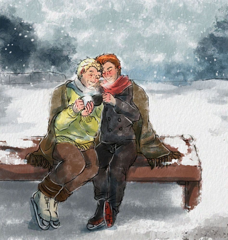 Digital Art. Aziraphale and Crowley cuddled close on a bench dressed in warm winter clothes as they keep warm with cocoa under a blanket. They're still wearing their ice skates as the snow falls around them. Watercolor-like.