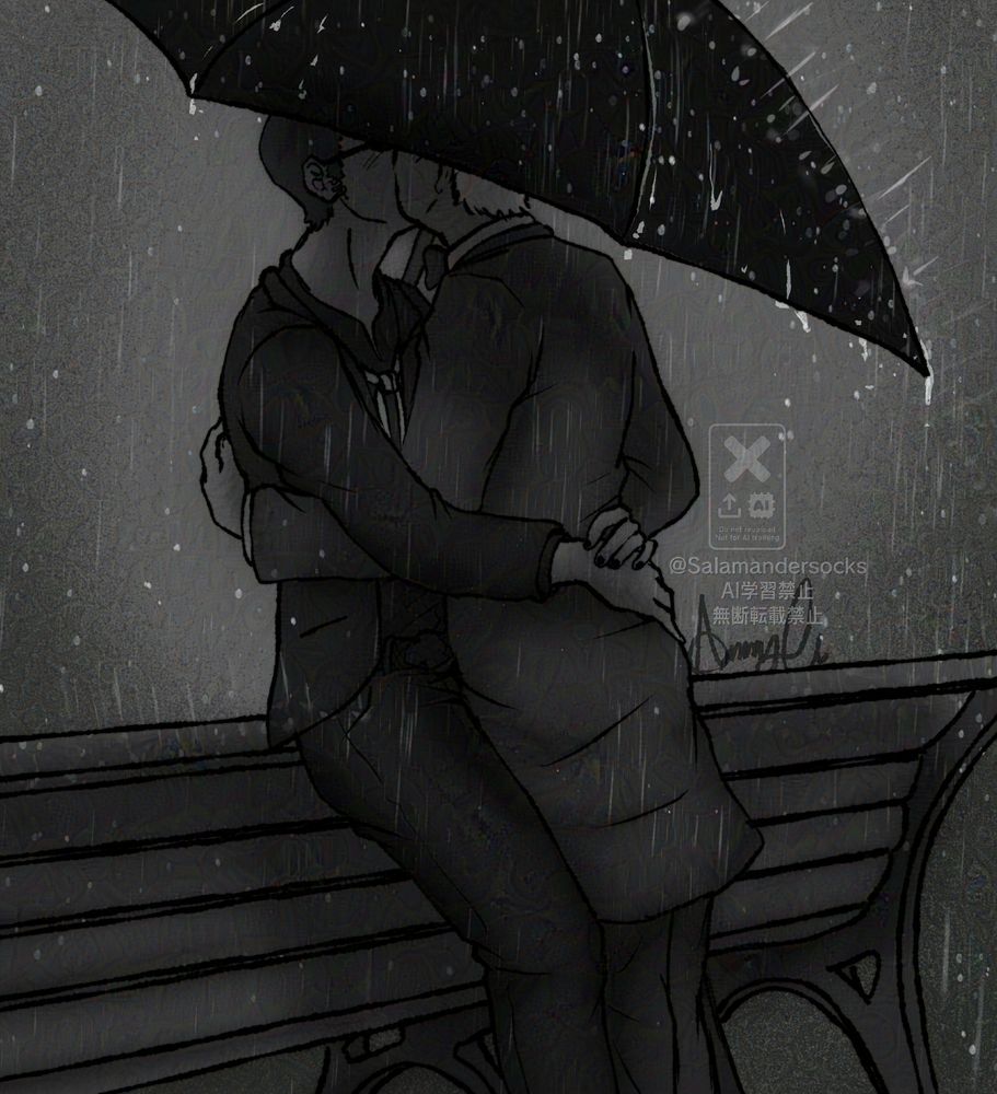 Black and white digital art of Crowley and Aziraphale kissing. Crowley is leaning against a bench with Aziraphale pulled close in an embrace as rain falls around them. The umbrella Aziraphale is holding is obscuring their faces.