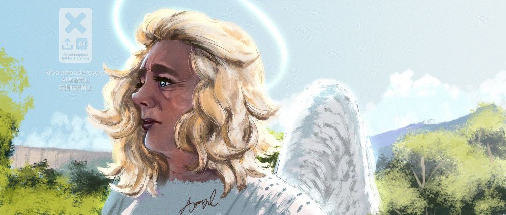 Female presenting Aziraphale in her Eden era. Her curly hair is shoulder length, wild and free, pushed back from her forehead. She looks on with worry clearly in her expression despite her holy halo glowing in the sunlight. 