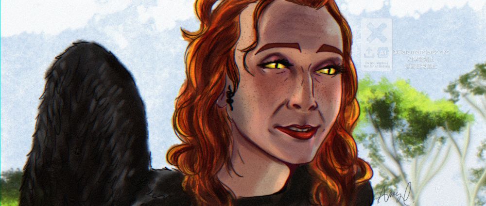 Female presenting Crowley in her Eden era, hair wild and wavy, yellow eyes at their most snakey and red lips. Her face is splashed with freckles as she smiles a little awkwardly.