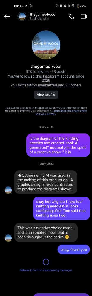 is the diagram of the knitting needles and crochet hook AI generated? not really in the spirit of a creative show if it is

"Hi, Catharine, no AI was used in the making of this production.  A graphic designer was contracted to produce the diagrams shown"


okay but why are there four knitting needles? it looks confusing after Tom said that knitting uses two.


"This was a creative choice made, and is a repeated motif that is seen throughout the series 😊"