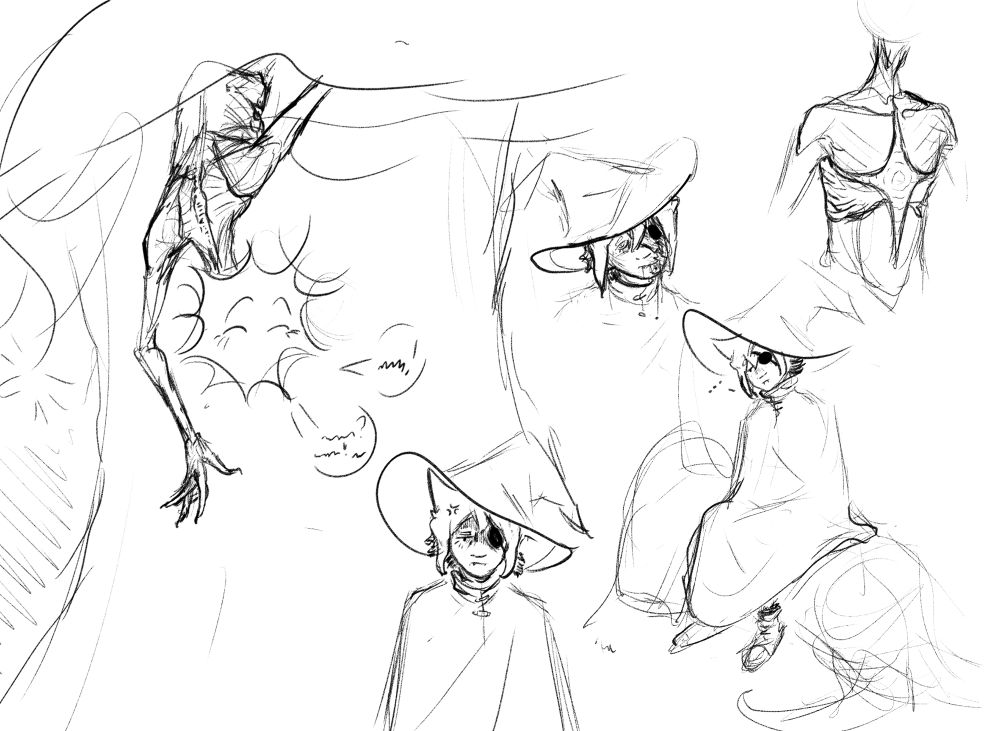 A doodle to the left feature the previous lanky loop hanging down from the favor tree, seemingly going off about who knows what. Their victim of the yapping session is shown to be a quite annoyed siffrin somehow putting up with it all. Two fangs are seen poking out of his mouth

Next to it is another siffrin sitting on his iconic favor tree root, looking to be zoning out. Fangs a bit more apparent this time.

Above him to the left is a siffrin looking rather tired, with the other half of his face cover in blood the author of this piece (me) swears he just has blood covering that side of his face he is not missing half of his face I swear he’s perfectly fine if you just ignore the fact that theres even blood here in the first place.

To the far upper right is an unfinished study of lanky loops upper body, their star having notable ripples going throughout it.