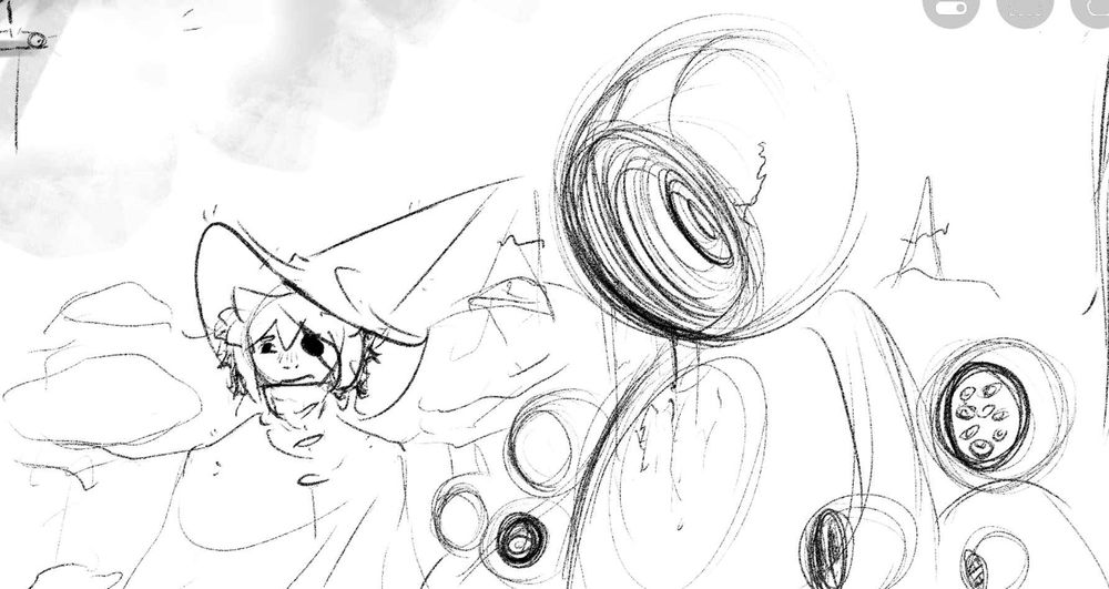 A very rough sketch of a warry siffrin passing the grand collection of change god statues in the center of town. Their faces all either completely blank or having eyes staring down at the traveler. The center figure is missing a face entirely, seemingly replaced by a spiral ever going deeper into its sculpted head. A black ooze is seen leaking from it.