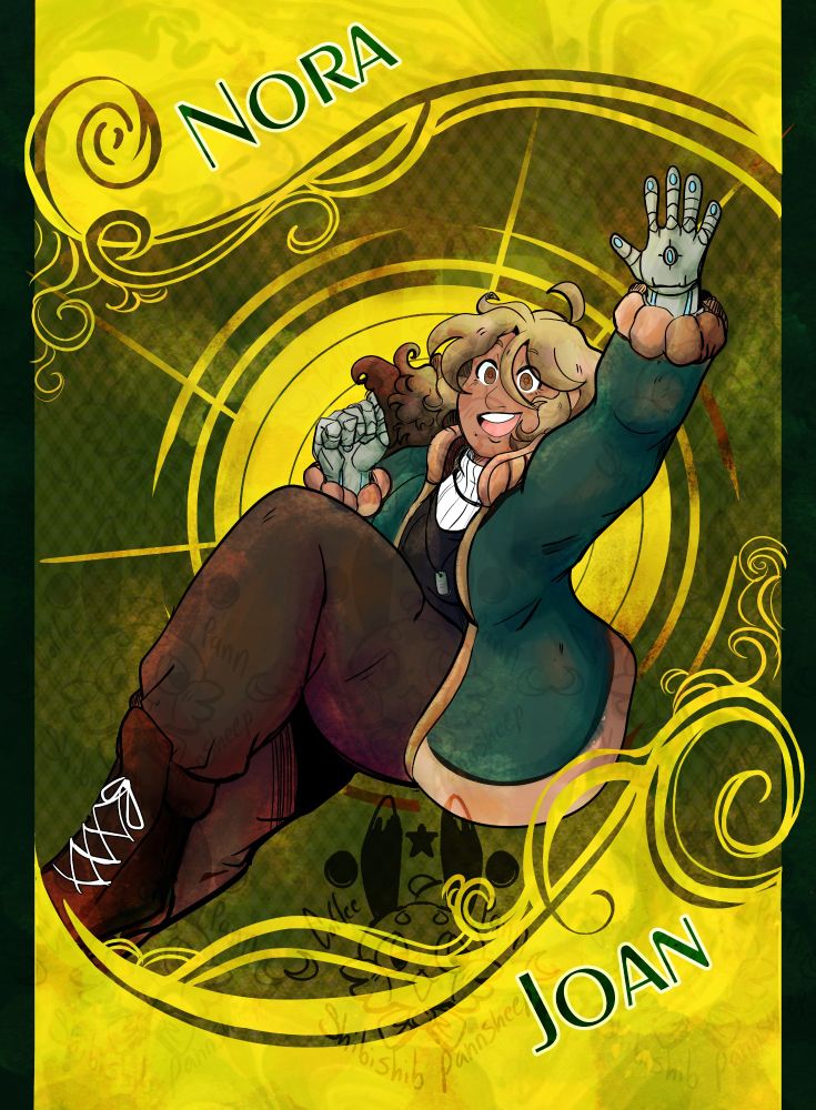 Nora character card with her floating in a bg, Nora on the top left hand corner Joan at the bottom right hand corner accented with gold/yellow embellishments