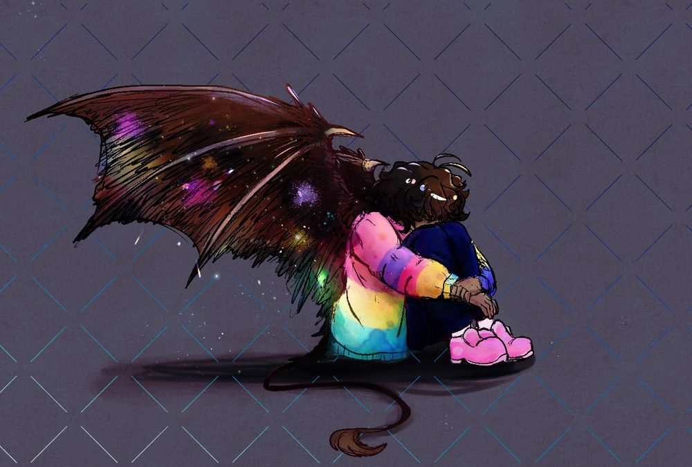 Kyros with feathery bat wings that are sparkling. Wearing a 90s colors windbreaker. Kyros pulling his knees to his body .