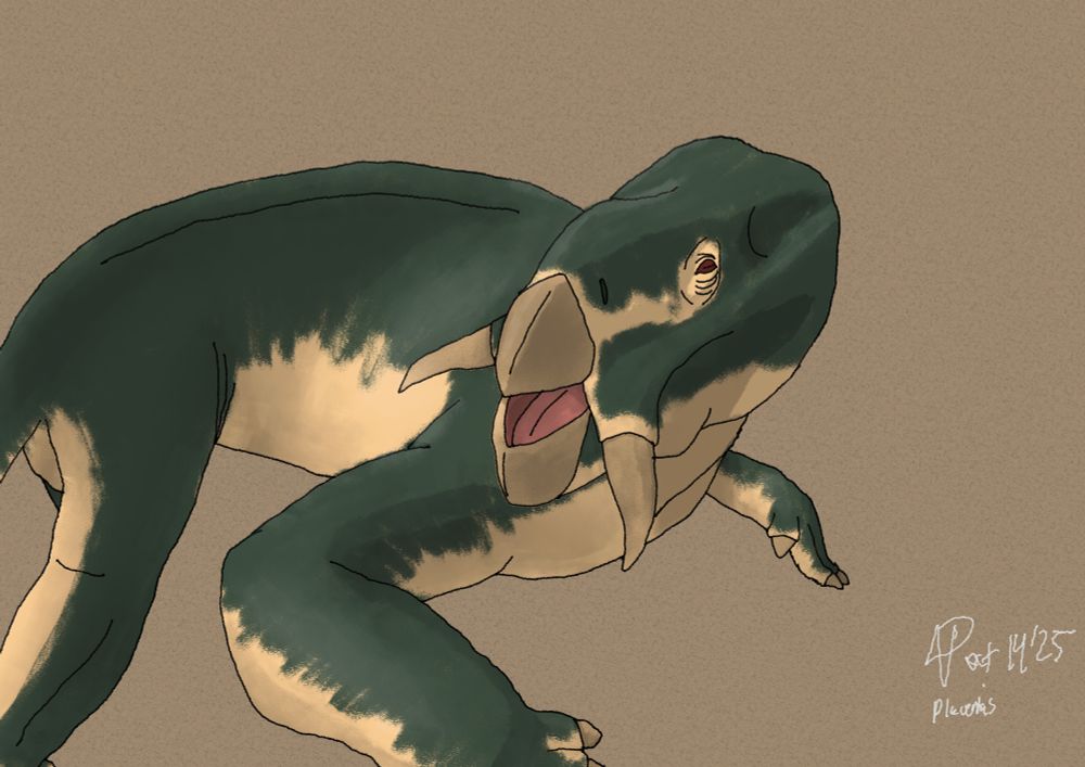 Digital sketch of a blue-green and tan, countershaded Placerias on a plain brown background.