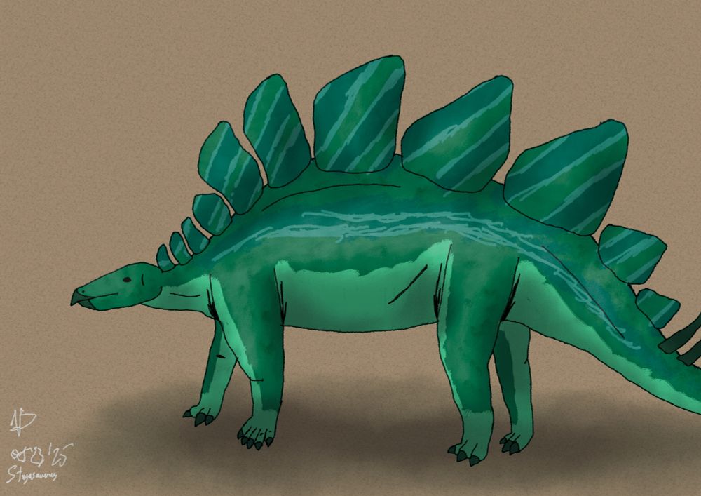 Digital sketch of a green and light green counter shaded stegosaurus with blue-green and cyan stripes.