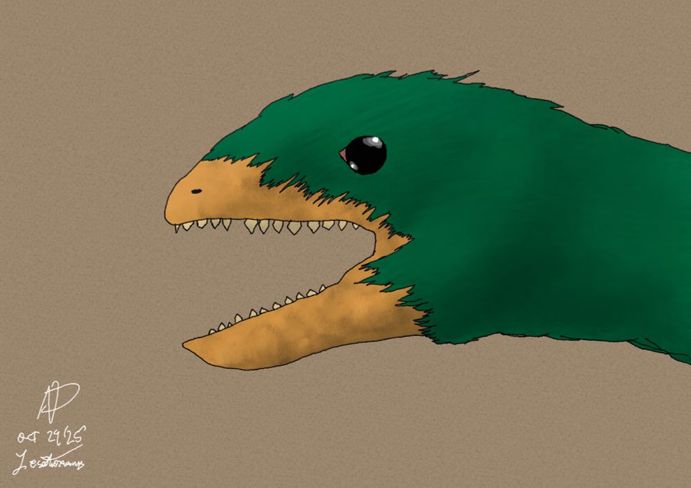 Digital sketch portrait of a green and yellow lesothosaurus on a plain brown background.