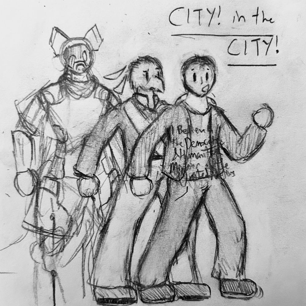 Three characters coordinated in an exaggerated walking stance, referencing Honda’s advertisement for the Honda City with the British ska band “Madness”. 

Left: the Librarian (he/him, artificial intelligence), represented in conventional Synth form. Merely content to be cool with the younger generation. I got lazy with the design, this isn’t even official. 

Middle: Cpt. Aintei Koma (she/her, Kraxaw (fictional avian alien)), dressed in semi-formal uniform. Doesn’t get the reference. 

Right: Serica (any, Human (but not for long)), in casual clothing. Text on shirt reads: “I believe in the democratic and humanitarian mission of the United Nations”. Text is so good, it floats off the shirt. 