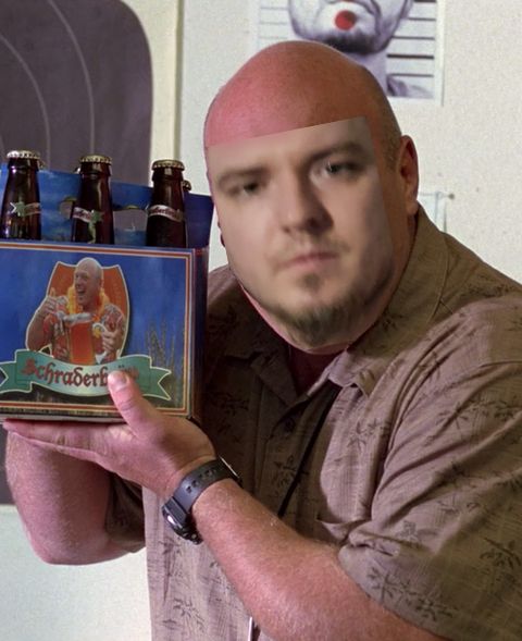 toilet wine's face photoshopped, roughly, onto Hank from Breaking Bad, holding up his homemade beer 