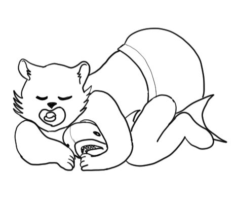 A Pallas kitty sleeping peacefully, their head resting on one elbow. Their other arm cradles a Blahaj close to them, pinned not only by the arm but also by the leg. The kitty is sleeping on their knees, their diaper prominently on display.