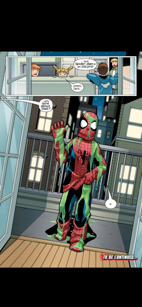 The page depicting Spiderman showing up at the Power Pack's apartment