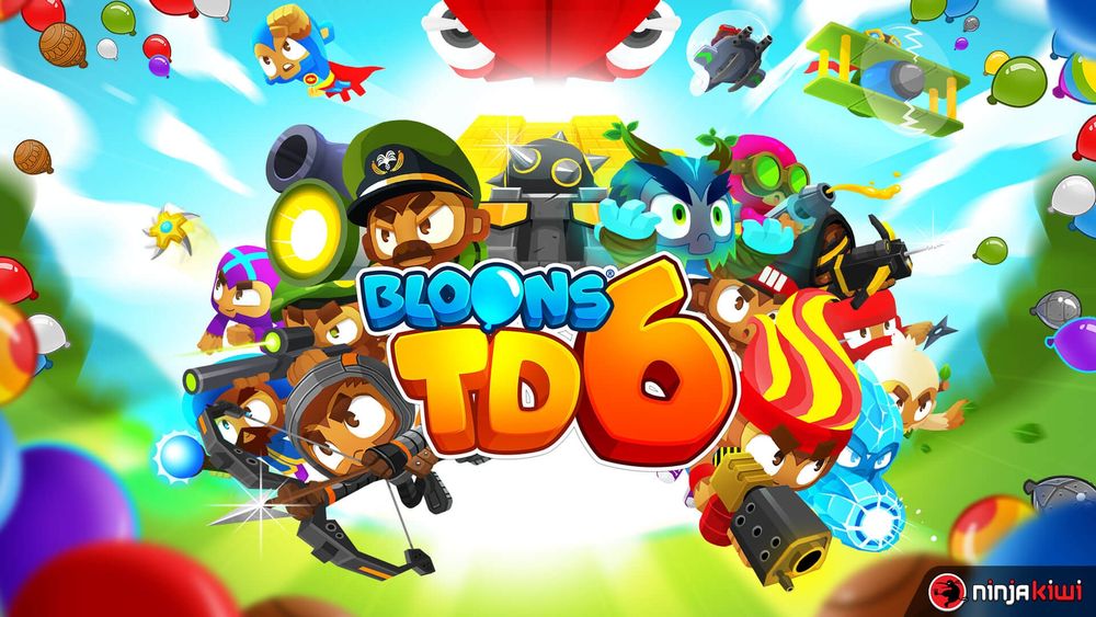 The splash art for Bloons TD6, featuring several towers surrounding the text "Bloons TD6". Going clockwise from the bottom left, we see Quincy with his bow drawn, a sharp arrow ready to fire. A Wizard Monkey brandishes their staff, topped with a blue orb. A Sniper Monkey takes aim with their rifle, their green beret meaning they must be a 0-0-0. A Boomerang Monkey throws a glaive out towards the bloons, their purple suit and blue X meaning they are a 3-0-0. Striker Jones brandishes his bazooka towards the bloons as well. A bomb shooter is aimed at the bloons from behind him, and a super Monkey soars in the air above. A Juggernaut spike ball launcher sits in the center, facing the player, and behind it is the yellow base of a monkey temple. Obyn stands to the right, presumably raising his bramble bush somewhere. A 2-0-0 glue gunner shoots some corrosive glue out while a heli pilot flies high above, along with an ace pilot. A triple dart Monkey is barely visible underneath them, and beside them is the Crossbow Master. Gwendolyn the pyromaniac stands with her flamethrower at the ready, with a 0-0-0 Ninja, a druid, and a 0-0-5 Ice Monkey layered on her right. All around the periphery of the screen, bloons float around, with a BFB at the very top.