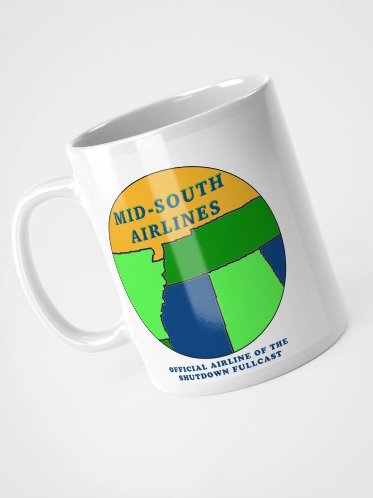 A picture of a coffee mug with Mid-South Airlines and 'official airline of the Shutdown Fullcast' written on it with a circle containing parts of the states of Tennessee, Arkansas, Mississippi and Alabama and the tiniest sliver of Georgia. Conspicuously absent is any mention of Memphis. Perhaps this is where the airline is based even if it doesn't fly there? 