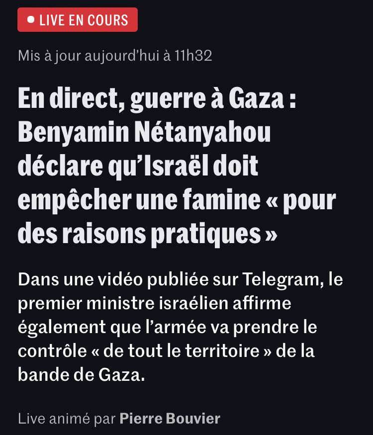 Gros titre du live du Monde consacré à la guerre à Gaza: Netanyahou déclare qu’Isarel doit empêcher une famine « pour des raisons pratiques ».

On se demande lesquelles: tuer des gens morts-vivants pas trop affamés, c’est "pratique"?