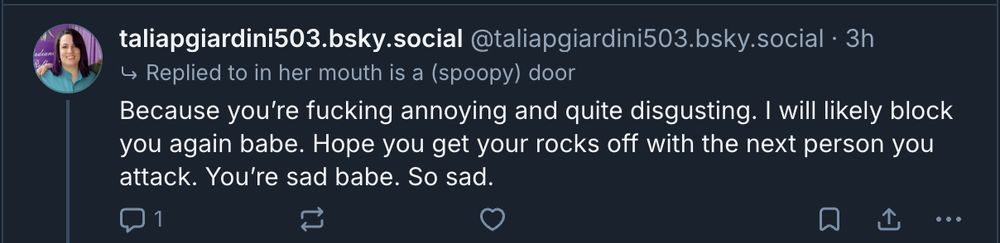 Weird goy Talia Giardini, who keeps blocking and unblocking me, says: "Because you're fucking annoying and quite disgusting. I will likely block you again babe. Hope you get your rocks off with the next person you attack. You're sad babe. So sad." 

Then she blocked me. Goy gonna goy.