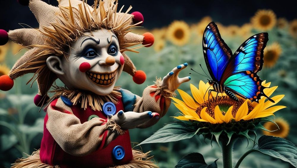Scarecrow jester troll teasing a beautiful blue butterfly. 