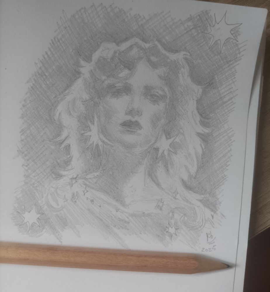 desenho feito à lapis de grafite escuro de uma mulher contra a luz, com estrelas brilhantes