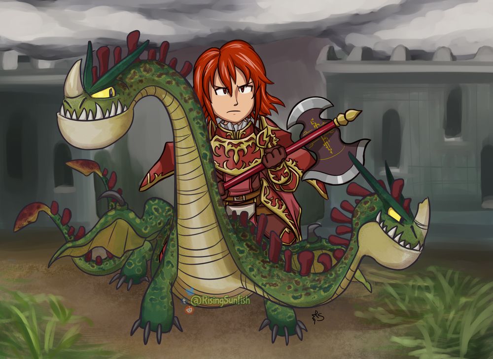 Minerva (based on her Shadow Dragon/Warriors design) rides atop a Hideous Zippleback, Hauteclere in hand and a fortress behind her. The Zippleback is moss-green with maroon spines and spots down its back. One head (Cloak) is upright and bold-looking; the other (Dagger) stays low to the ground and gazing to the side, seemingly troubled. Its horn is broken.