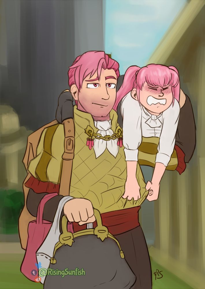 Closer to the classrooms, a tired-looking Holst carries Hilda over his left shoulder, his right laden with her many, many bags. She looks to be throwing a fit, clawing at Holst's doublet like a cat before a bath, her last-ditch effort to get carted back home falling on deaf ears as Holst stares ahead, raising an eyebrow but otherwise not reacting.

Since I drew this far in advance of Three Hopes giving Holst an official design, I came up with my own design for him. He could actually pass for canon Holst in terms of build, hair color/length, and even facial structure, right down to the cleft chin, but otherwise he's leaning much more into the noble side of his position than that of the warrior. His doublet (in shades appropriately matching the Golden Deer colors) is evocative of the one Claude wears post-skip, as is the white cravat, though Holst's is tied into two neat tails. His doublet is tucked into a dark red cummerbund, the shade of which matches the fringes on his puffy, striped sleeves. Under this, he wears an off-black long-sleeved shirt, the same color as his trousers. His hair is slicked back save for a stubborn portion of his bangs, and the bottom half of his face is darkened by a rosy five-o'clock shadow.