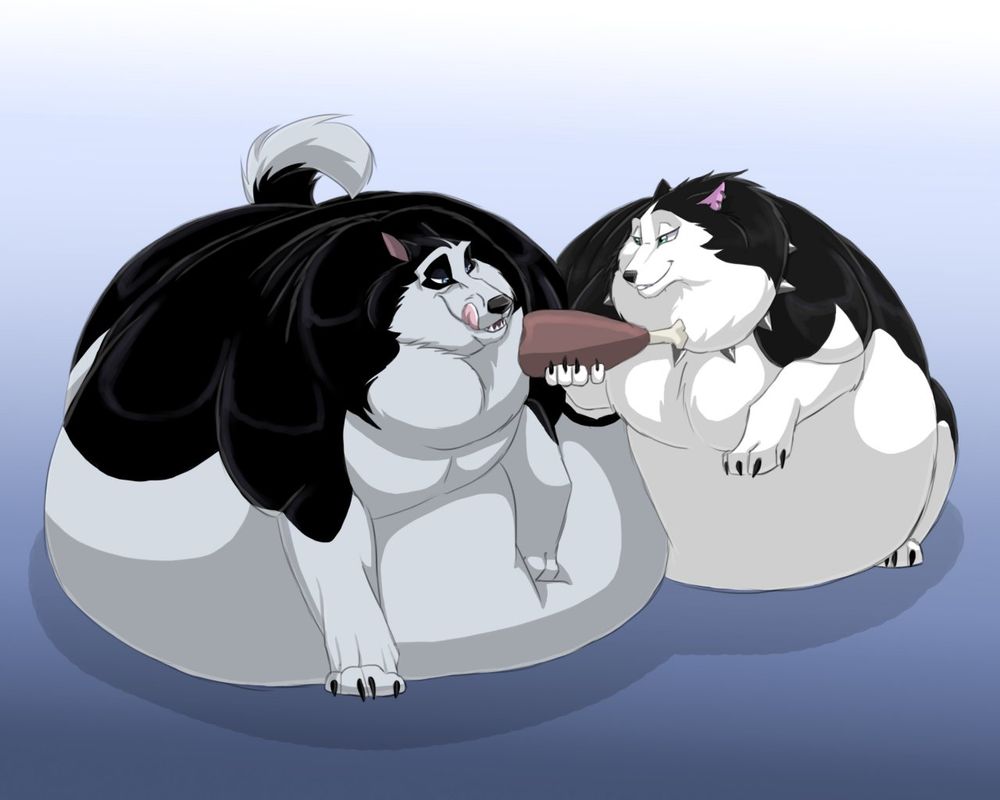 Steele, from the movie Balto, who got really fat, gets a big piece of meat from his girl friend Metal, and OC from Hector.