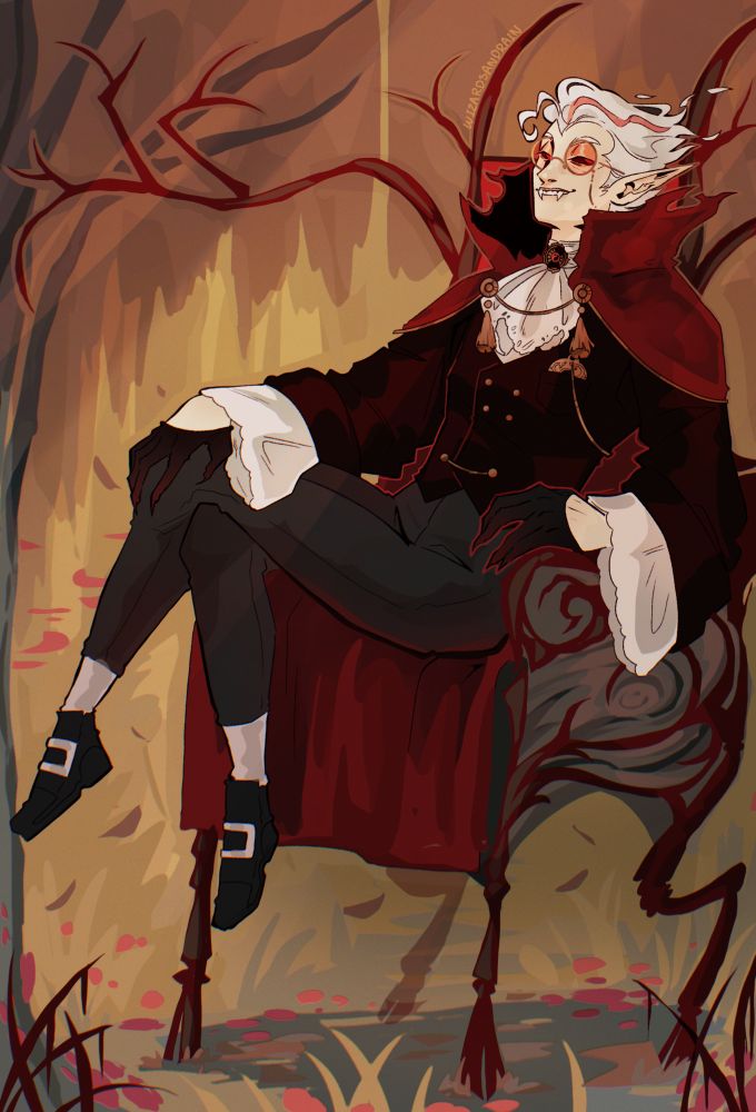Tango's vampire skin sitting on a deer throne in an autumn forest 