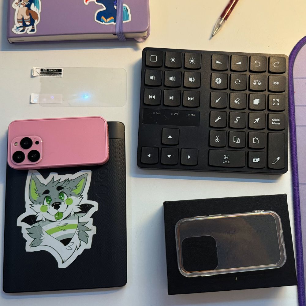 A tiny pink phone on top of a Kobo ereader with an agender pride furry sticker on it, next to the box, case and screen protector, and wireless macropad