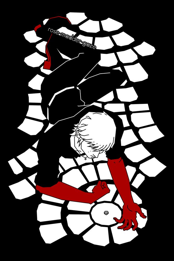 Art of Ignis from Final Fantasy 15 rendered in black, white, and red. He is sprawled across the cobblestones of Altissia, and his hair is down. Propped on his elbows, he looks at the Ring of the Lucii on the ground before him.