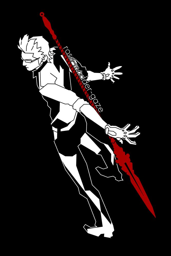 Art of Ignis from Final Fantasy 15 rendered in black, white, and red. Stance wide and posture coiled to strike, his arms are curved backwards to summon a polearm rendered in red.