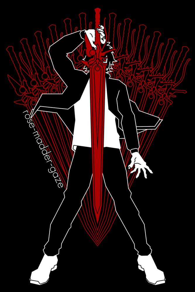 Illustration of Noctis from Final Fantasy 15 rendered in black, white, and red. He holds the Sword of the Father vertically before him, obscuring his face from the viewer but for one red eye. His black jacket flares behind him, and twelve copies tessellate outward from the sword in his hand.