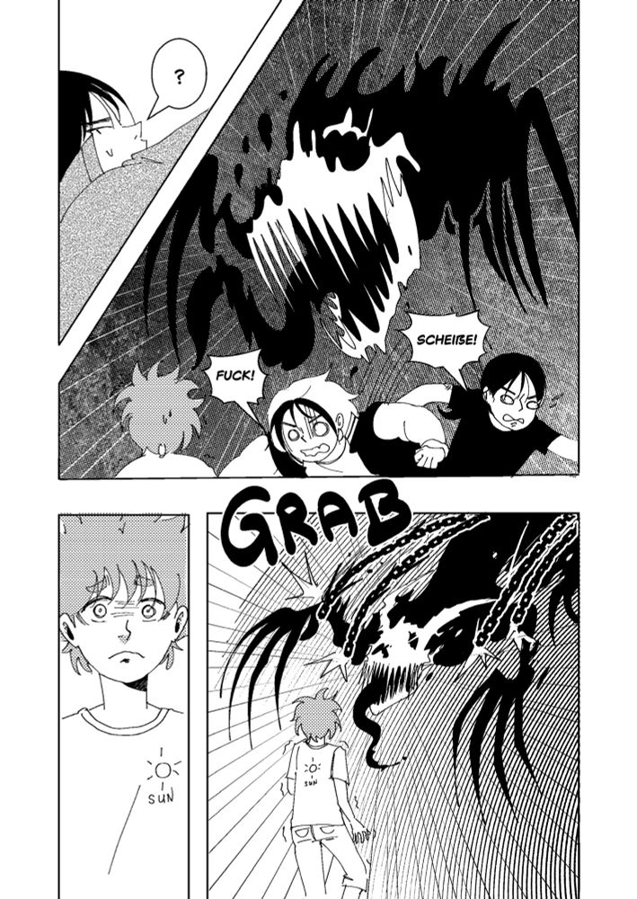 A tree panels manga page. A dark, monstrous figure looms, chasing two shouting characters. Bottom: the monster grabs a surprised person. The tone is tense and dramatic
