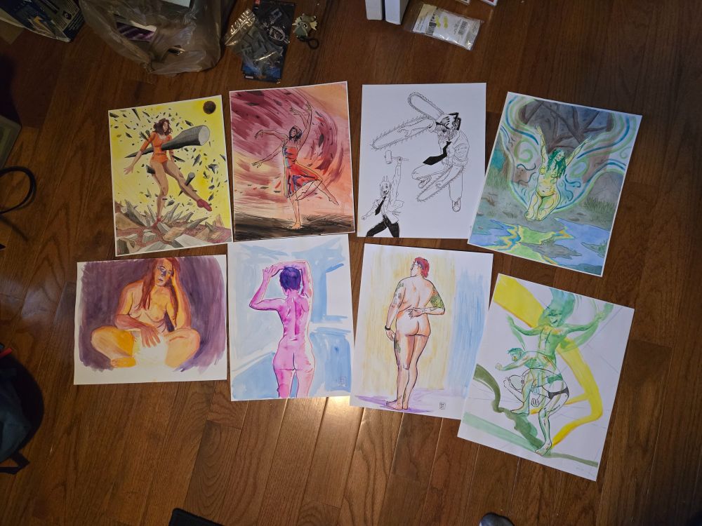 Various figurative paintings, some of which are nude, plus a drawing of Chainsaw Man and Power.