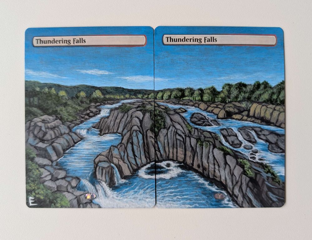 Two copies of the Magic card Thundering Falls, altered with a painting of the Great Falls in the Potomac River