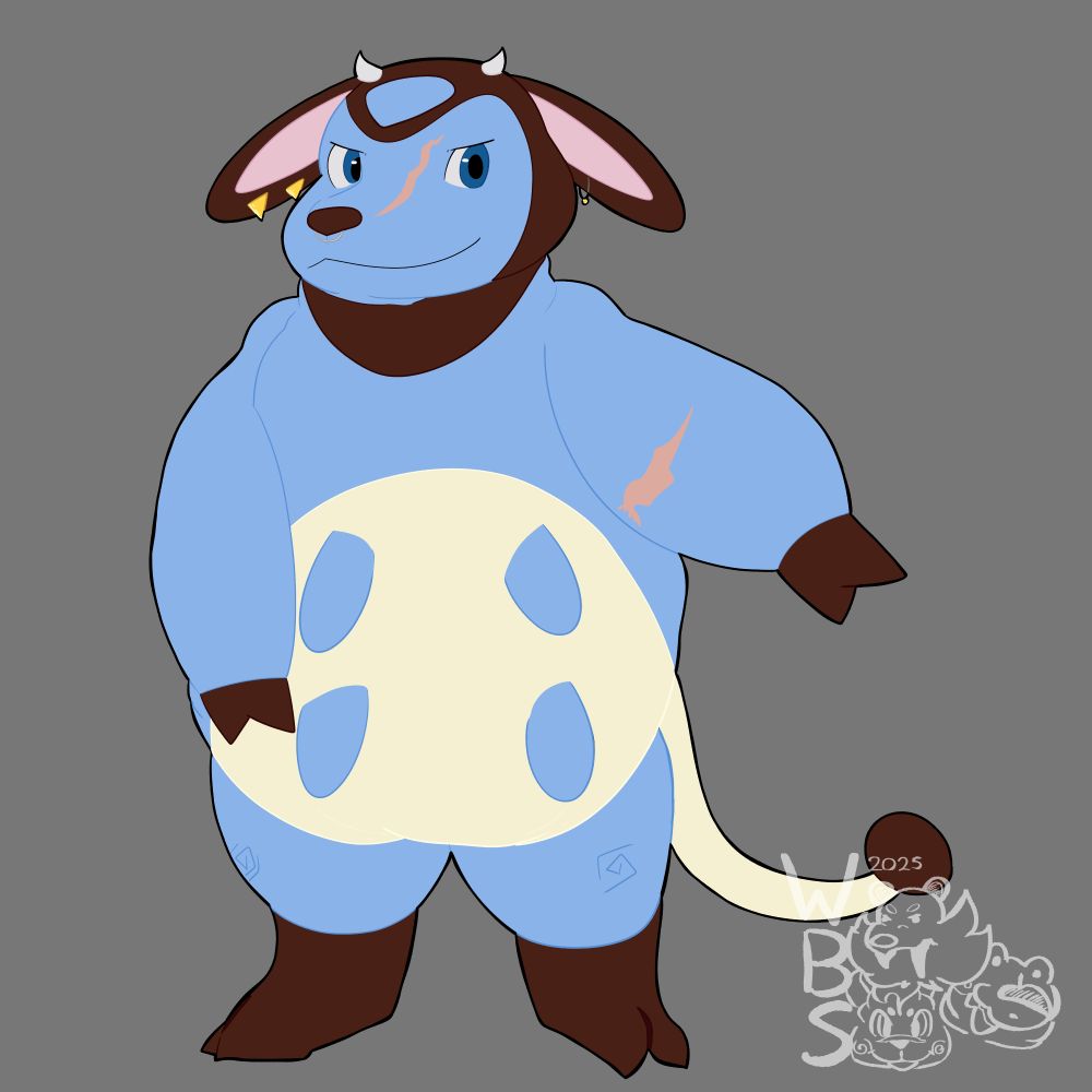 A shiny miltank, Butch, standing profile with his left arm held out in front of him. He has three ear piercings, a scar running across the left side of his face, and a scar along his left arm.