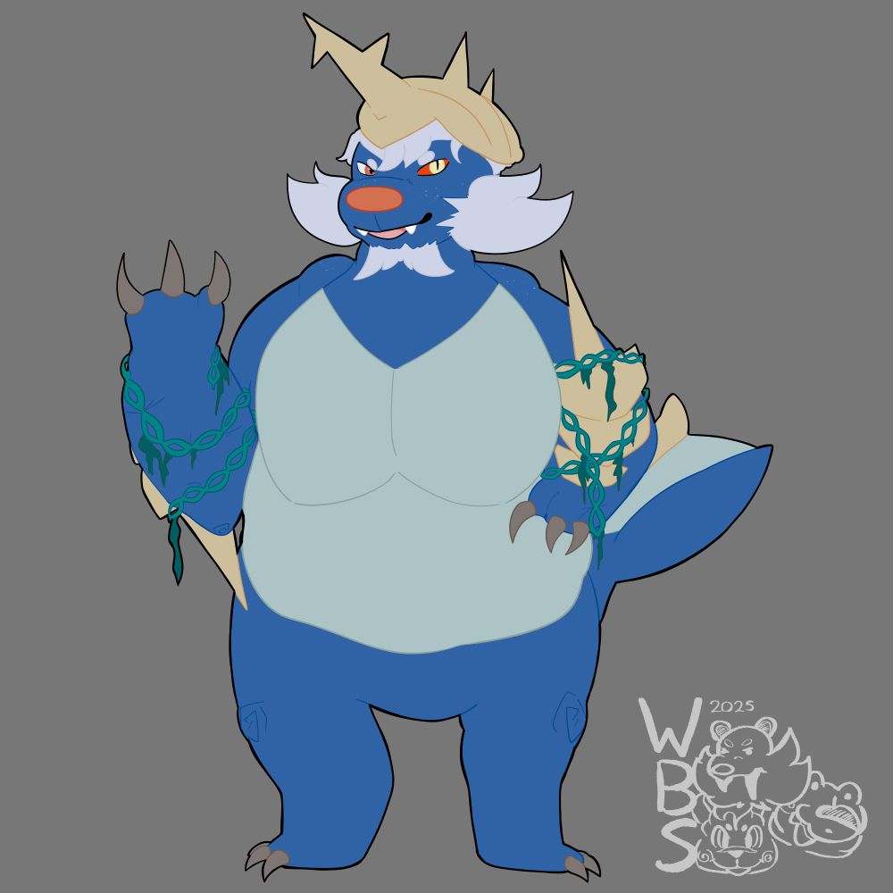 An anthro samurott facing portrait with a snarkly look on their face. Silver hair sticks out of her head shell. Green chains with scraps of seaweed, similar to chains dhelmise have, bind around her arms as a result of their curse. Satsuki's left eye is red with a yellow iris and a black slit pupil.