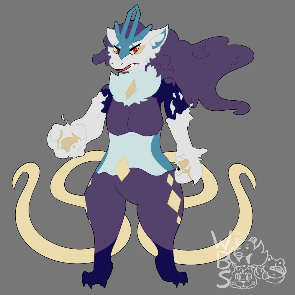 An anthro suicune, shiny zeraora and therian thundurus fusion pokemon standing portrait with a sour expression. They have a long, purple flowing mane, a silver furred face with two big ears and a blue crystal facial feature extending past the top of their head from the tip of their nose. A blue furred chest area adorns a yellow crystal with the same pattern on their stomach and three on their legs. They have silver paws with a cloud-like substance flowing from them, purple legs and dark blue feet and claws. Two yellow ribbon tails sit symmetrically behind them.
