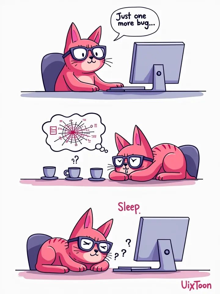 Comic strip of a pink cat programmer falling asleep at their desk after a long night of coding.