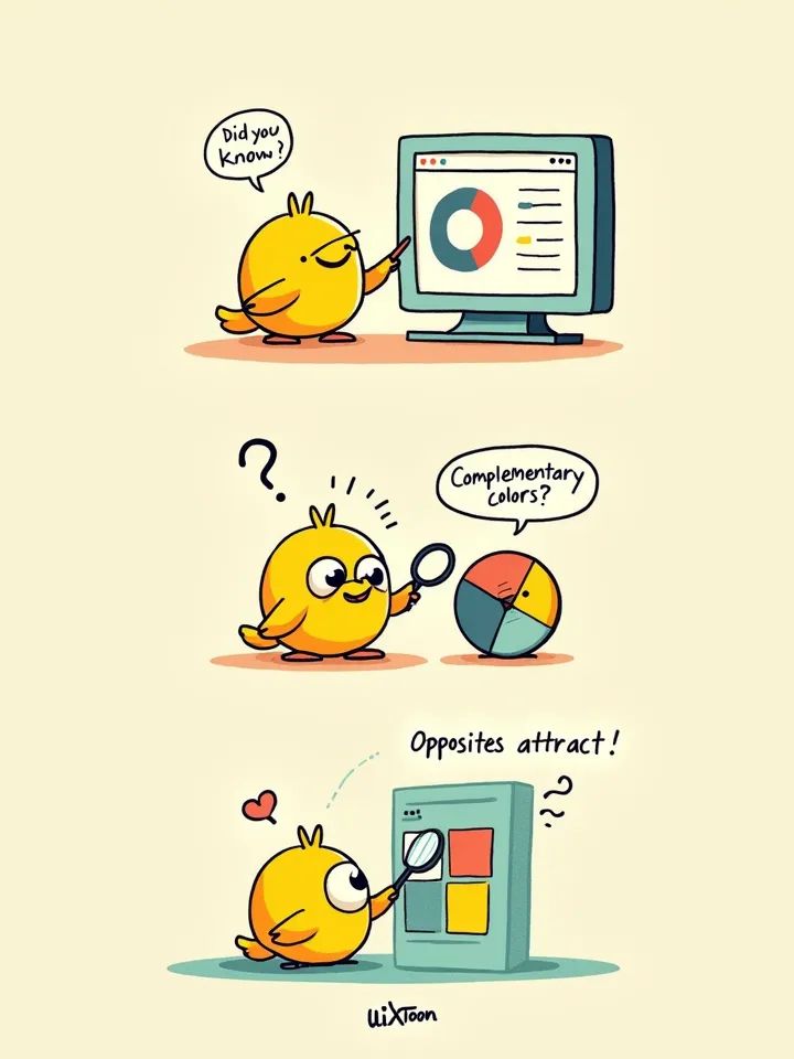Comic strip of a yellow bird character explaining complementary colors.
