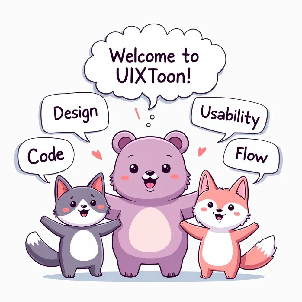 UIXToon welcome comic: 3 animal characters, UI/UX design terms, "Welcome to UIXToon!"