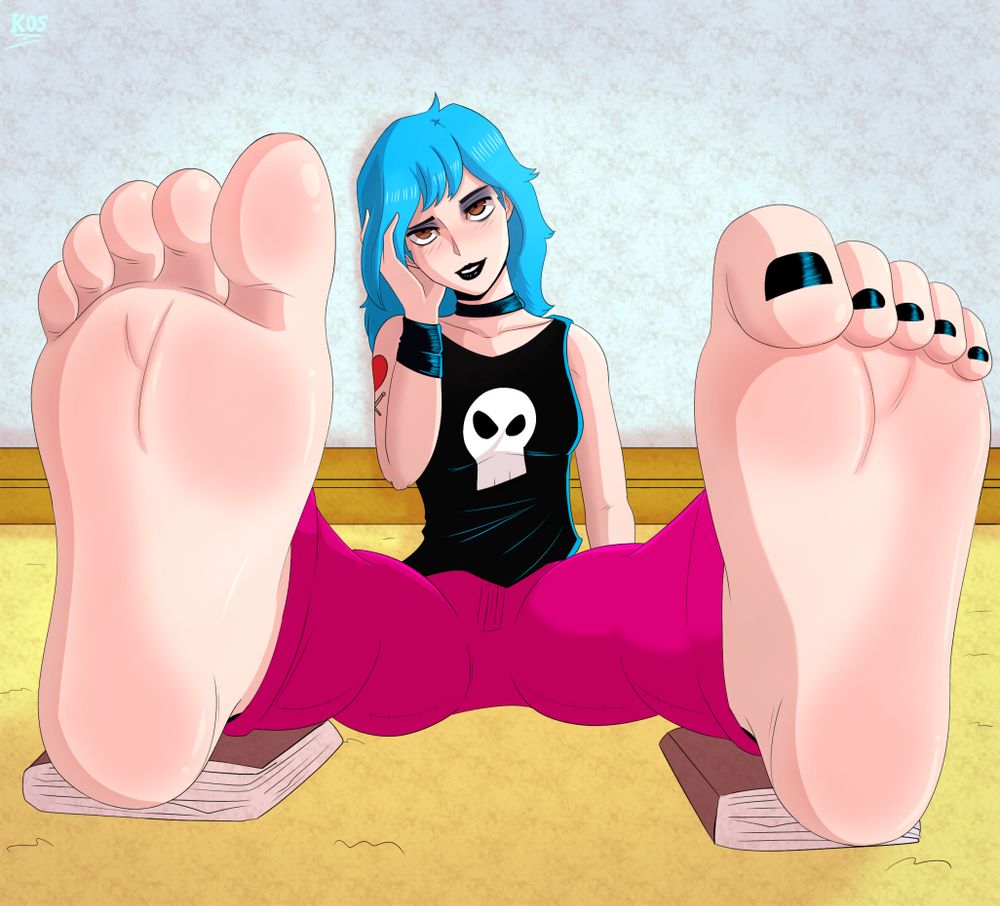 Jola Kitt (a blue-haired punk-rock girl with a shirt that has a skull designed on it, magenta jeans, a heart tattoo, and black toenails), a recent character from Archie Comics, a drummer in the band with Betty Cooper and Veronica Lodge in their new band "Rock Candi". She is resting on the floor while teasing her bare feet to a certain viewer with her legs and soles raised up by books. Commission from KosmicFu on X.