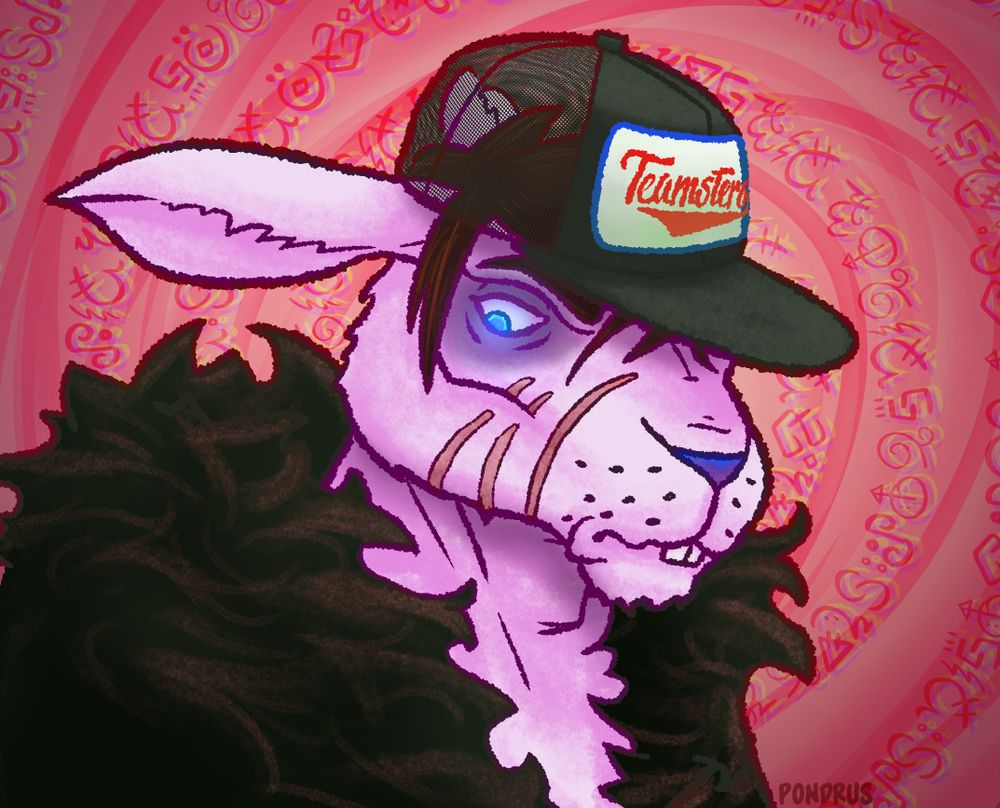 Digital art of a pink anthro rabbit in a Teamsters hat. Runes spiral in the background.