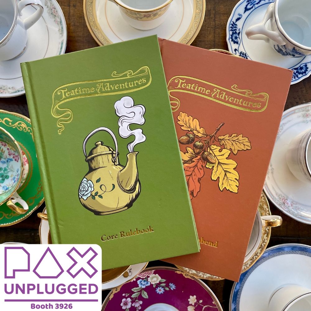 Core Rulebook and Tales from Oakenbend lay over the tops of teacups 