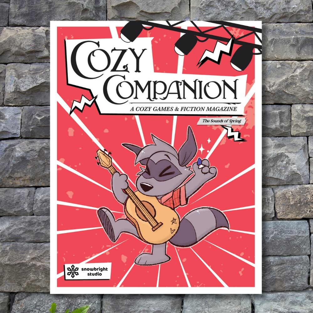 Cozy Companion cover, A raccoon in a red shirt strikes a pose while playing his acoustic guitar 